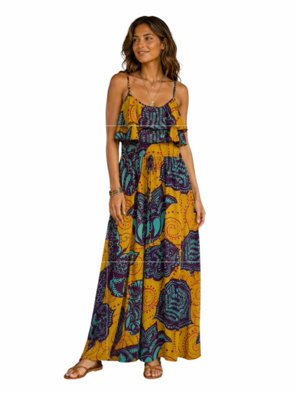NWT Aryeh Boho Vibrant Paisley Floral Ruffle Tie Waist Maxi Dress